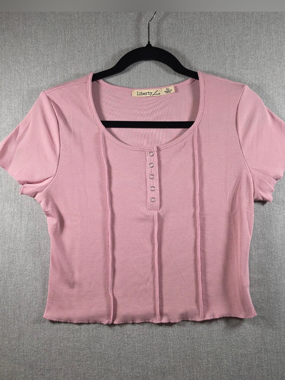 Liberty Love Pink Ribbed Henley Short Sleeve Cropped Top